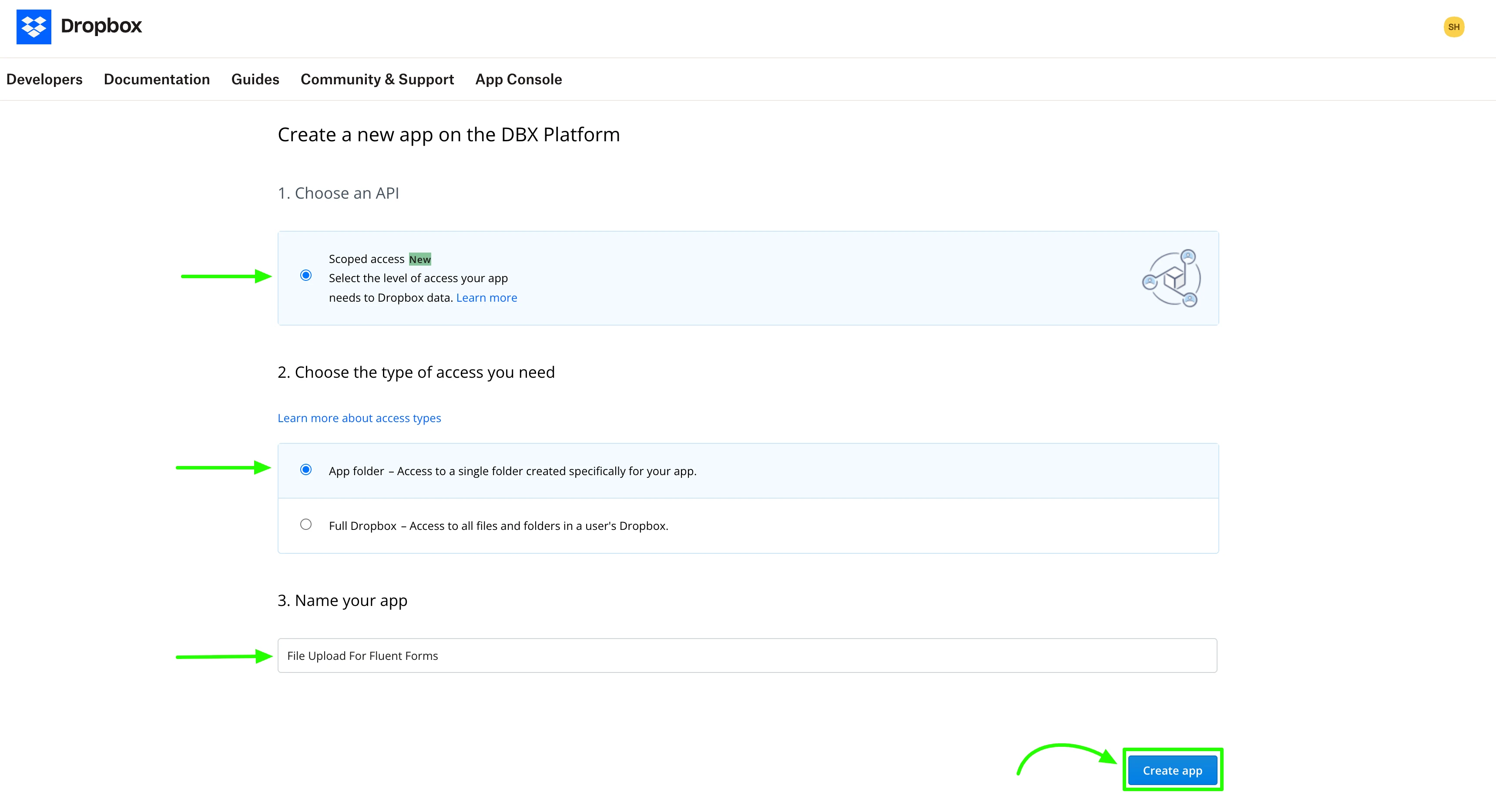 Create a new app on the DBX Platform popup page